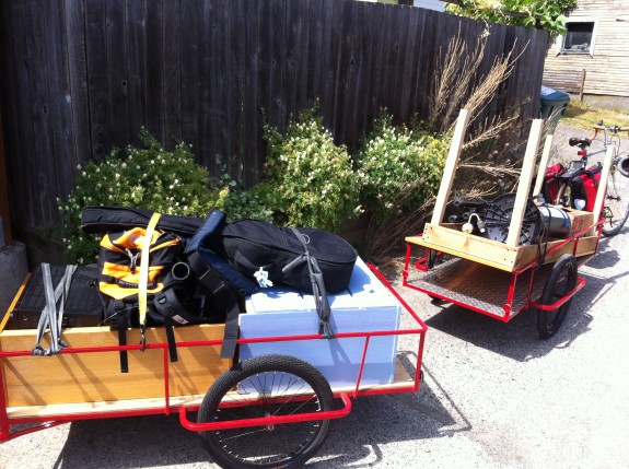 Two Haulin' Colin trailers packed for a move-by-bike