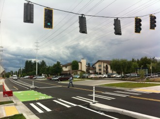 A crosswalk on the reworked Linden Ave
