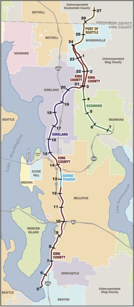 Map showing ownership of Eastside Corridor sections. Bellevue wants to start purchasing corridor sections to connect to Kirkland's planned trail