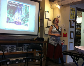 Ellee gives a talk about bike touring at Bike Works in early 2013