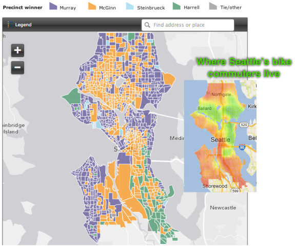 Primary vote map by the Seattle Times, used with permission (interactive version here). Bike Commute map via BikeScore