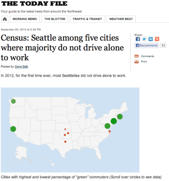 Screenshot from Seattle Times. Click for story and interactive map of low and high drive-alone cities