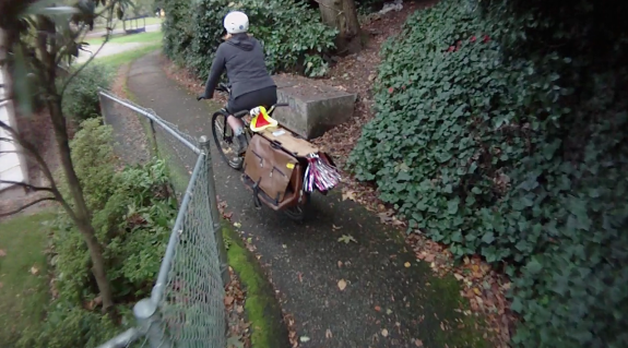 MJ's cargo bike shows how much room would need to added to the trail to make it an acceptable two-way pathway. However, it is probably doable.
