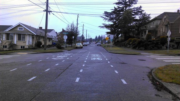 A crossbike, like this one at the intersection of S 18th Street and S McClellan is a crosswalk-type marking with sharrows indicating bike travel