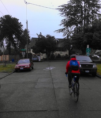 Sharrows lead the way through the neighborhood, and we followed signs at intersection to the Link Light Rail station and on to the park without