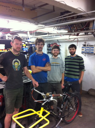 My cycle truck is ready! From left: Colin and Garth of Cyclefab then, Danny Fisher-Bruns and yours truly, the bike's new owners.