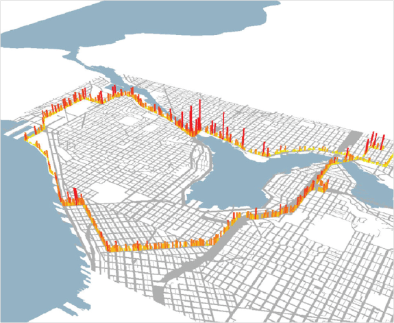 Figure 2: 3-Dimentional black carbon pollution map of Seattle. From Hong, E-Sok and C.-H. Bae. Exposure of Bicyclists to Air Pollution in Seattle, Washington: Hybrid Analysis Using Personal Monitoring and Land Use Regression. In Transportation Research Record: Journal of the Transportation Research Board, No. 2270, Figure 3, p. 63. Reproduced with permission of the Transportation Research Board on behalf of the National Academy of Sciences.