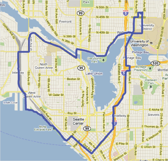 Figure 1: Selected route for Seattle data collection. From Hong, E-Sok and C.-H. Bae. Exposure of Bicyclists to Air Pollution in Seattle, Washington: Hybrid Analysis Using Personal Monitoring and Land Use Regression. In Transportation Research Record: Journal of the Transportation Research Board, No. 2270, Figure 1, p. 60. Reproduced with permission of the Transportation Research Board on behalf of the National Academy of Sciences.