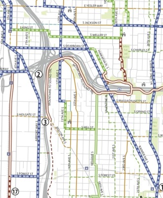Blue = Protected bike lane, green = neighborhood greenway, red = trail