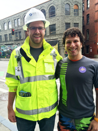 Brandon with SDOT's Ross McFarland. Both were helping people understand the new protected bike lanes on 2nd Ave. Image from Brandon.