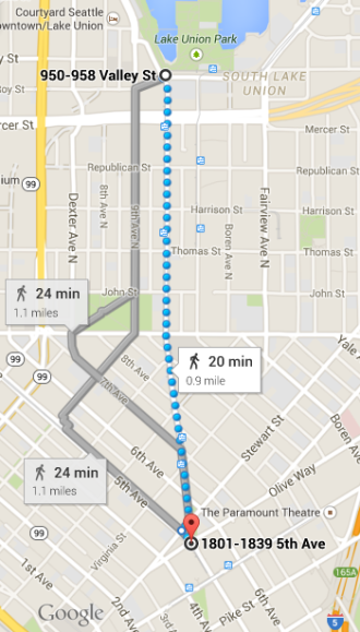 Westlake is the most direct route from Lake Union Park to downtown.