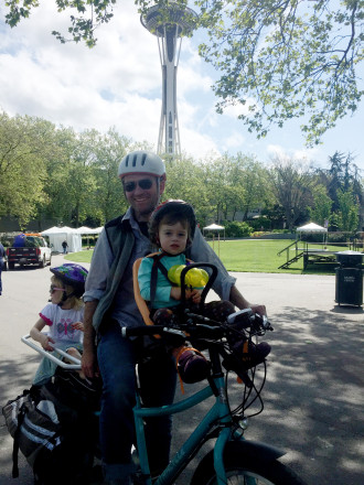 WA Bikes' Blake Trask biked his kids to Pacific Science Center, saying he couldn't have done that without the new lanes on Mercer.