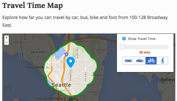 Screenshot of the ten-minute bikeshed around Capitol Hill Station, from Walk Score.