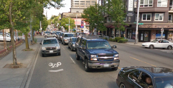 Sharrow on NE 45th Street in the U District. Image: Google Street View