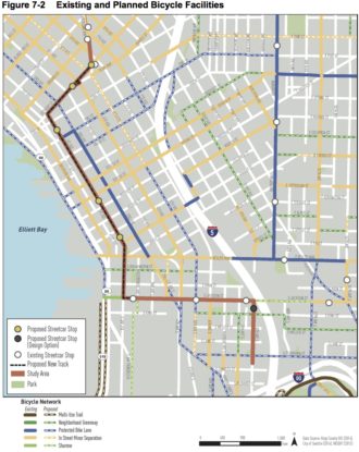 The proposed streetcar line imposed on a map of proposed downtown bike lanes.