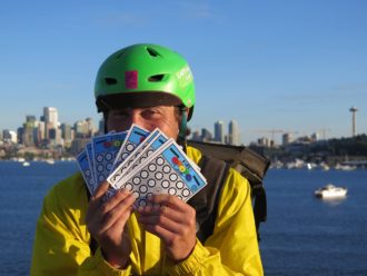 Ian of Bicycle Benefits brings Bike Bingo to Seattle for the first time.