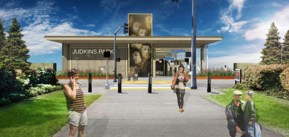 Concept image facing west from the I-90 Trail at 23rd Ave. The bike cage is located behind the station name.