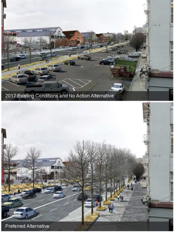 The "no action" image looks north from Marion as it would be today if the Viaduct were removed. The bottom image is what it would look like with the planned highway. There is a better way than either of these.