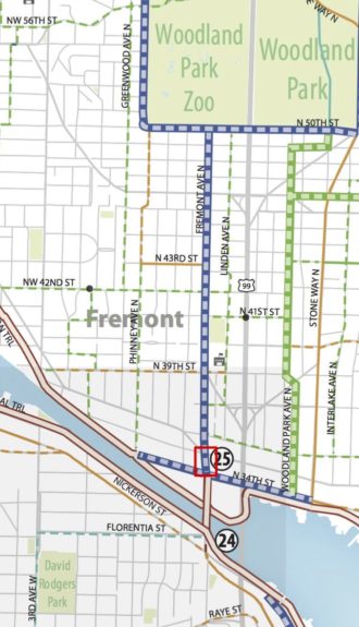 All bike routes lead to the Center of the Universe and this block of Fremont Ave. Image from the city's Bike Master Plan, calling for protected bike lanes. Red bock is the study area.