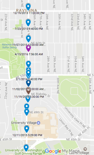 Injury collisions on 25th Ave NE (2013-2015). Explore the map by Andres Salomon based on SDOT data.