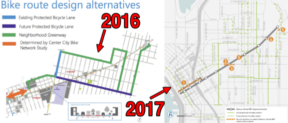 The bike route plans have been almost entirely deleted from the Madison BRT plans.