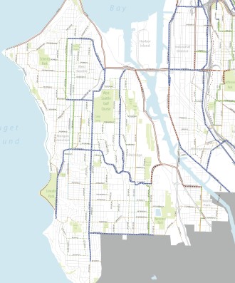 Blue=Protected bike lane. Green=Neighborhood Greenway. Red=Trail. Download full plan and map here