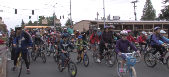 A huge bike train to Bryant Elementary on Bike-to-School Day 2013