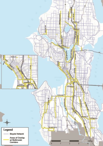 Map shows multi-modal corridors where bike plans overlap with transit/freight. The plan includes a framework for making sure all uses are preserved