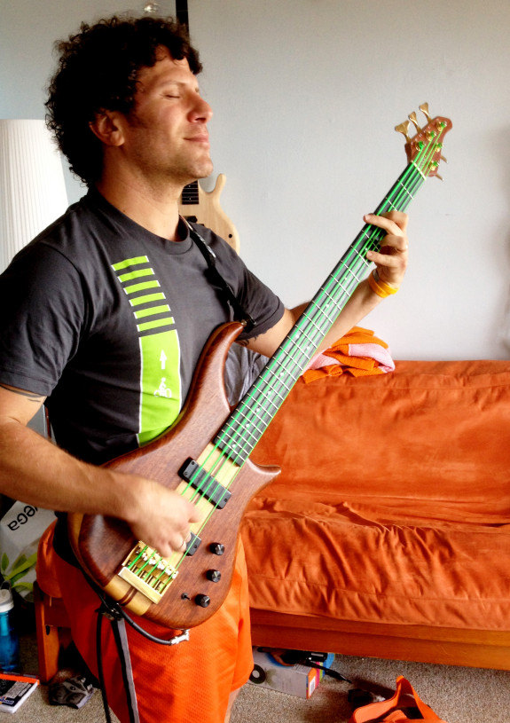 Brandon records short bass lines that play on a loop. He then closes his eyes and solos on top of them. This is how he meditates, an important part of his recovery.