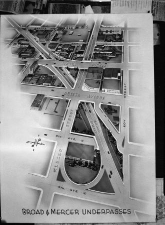 In 1956, leaders thought this atrocity was a good idea, in part to get ready for the never-built Bay Freeway on Mercer. Photo: Seattle Municipal Archives.
