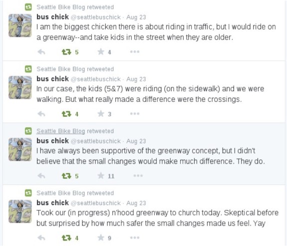 These tweets from Carla Saulter show the value of safe neighborhood greenways for people interested in biking, but concerned about safety. If greenways close without a safe detour, this value is lost.