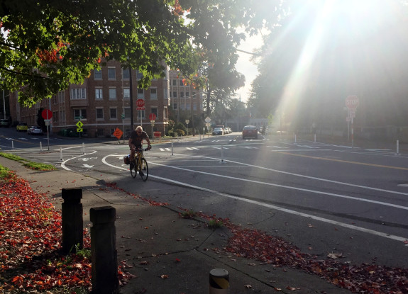 Looking toward Cowen Place NE across 15th Ave NE. This redesigned intersection feels much safer for walking and biking.