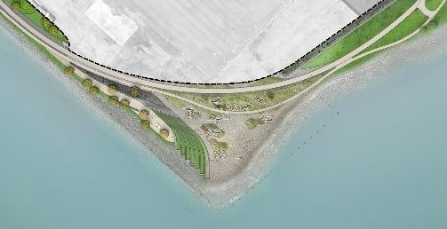 Top-down design concept fo the remade curve and open space of the Elliott Bay Trail.