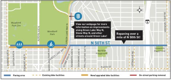 Map of the N/NE 50th Street paving project, showing that the street will be repaved from Phinney to Roosevelt with enhanced bike lanes west of Stone Way.