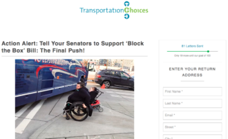 Screenshot of the TCC website, including a photo of two people on wheelchairs who are trying to access a crosswalk that is blocked by a bus. Click to access the TCC page to send a note to your Senator.