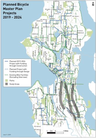 Map of Seattle showing existing and planned bike facilities.