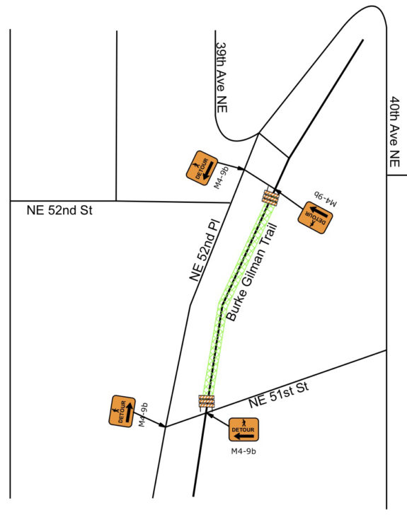 Map showing a detour along NE 52nd Place between NE 51st and 52nd Streets.