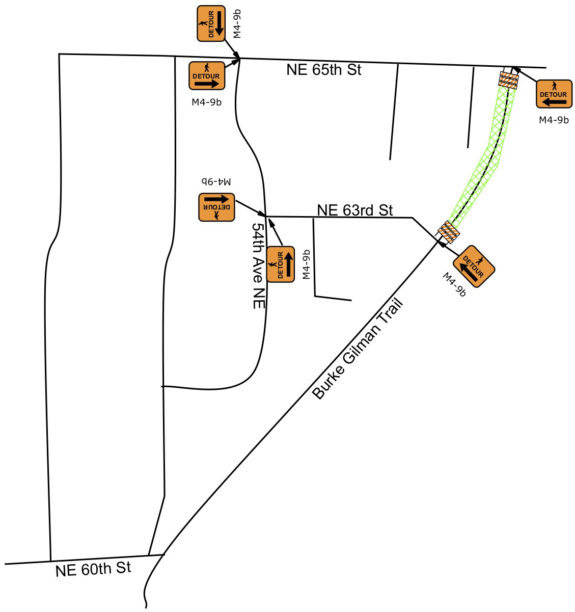 Map showing a detour on 54th Ave NE between NE 65th and 63rd Streets.