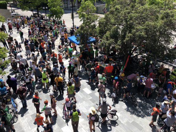 Aerial photo of the large crowd gathered at the City Hall plaza for the rally.