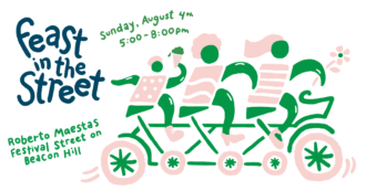Feast In the Street poster, featuring an abstract illustration of three green people on a long green tandem bicycle. 