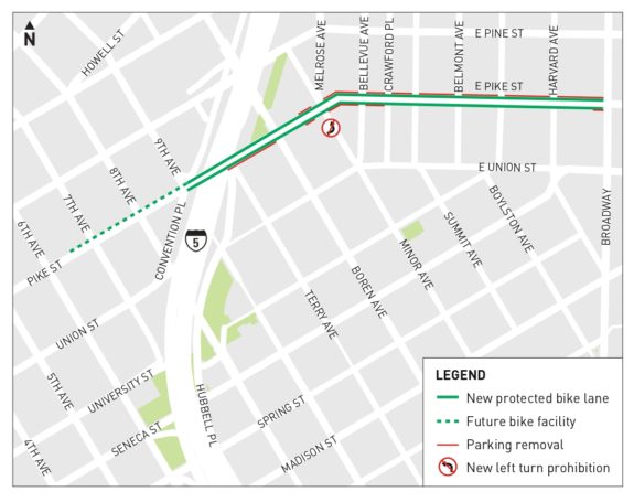 Project map showing the planned bike lanes on both sides of the street and parking removal mostly on the north side. 