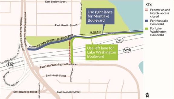 Map of the biking and walking detour for users of the 24th Ave E Bridge. The route goes via the Montlake Blvd east sidewalk.