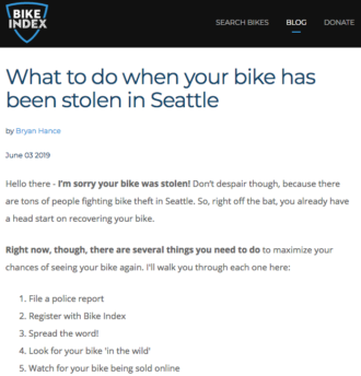 Screenshot from BikeIndex's post "What to do when your bike has been stolen in Seattle." Click to read.