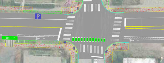 Animated GIF showing a parking lane turn into a northbound bike lane.