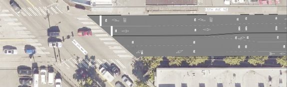Design plan showing four general traffic lanes with no bike lanes between 80th and Lake City Way.