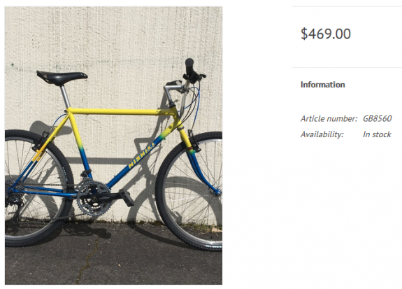 Screenshot of a sales listing for a yellow and blue bicycle.