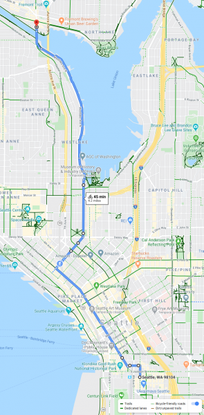 Map of a bike route from the International District to Fremont.