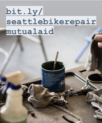 Photo of bike tools with the URL for the Bike Repair Mutual Aid form.