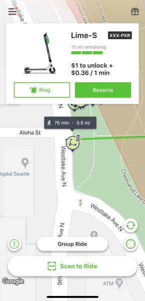 Screenshot from the Lime app showing a scooter available.