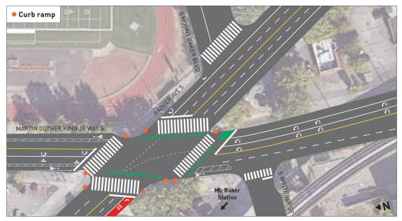 Four crosswalks, new curb ramps, and green crossbike markings